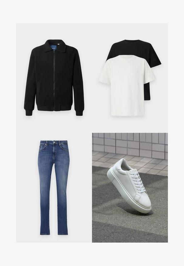 Musternahk fleece-jakk musternahaga, tõmblukk, seisev kaelus, soonikkoes varrukad ja küljetaskud tekstuurse pinnaga.; Puuvillane t-särkide komplekt, mis sisaldab musta ja valget särk, mõlemad lühikeste varrukatega, ümmarguse kaelusega ja standardse lõikega. Tekstuuriga kangas.; Tumedat sinised teksad, sirge lõikega, keskmise kõrgusega vöökoht, eesmine taskud ja peened õmblusaktsendid. Sile tekstuur, minimaalne kulumine.; Valge nahkline sneka, millel on sile pind, ümar varvas ja lame valge pael. Omab tekstuuriga kummist talla ja minimaalset kujunduselementi.