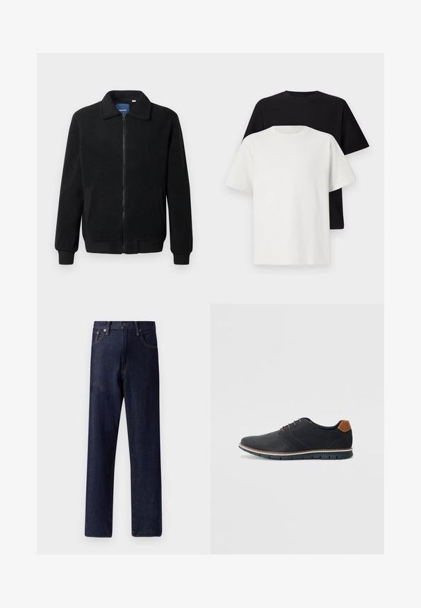 Svart fleece jakke med glidelås, høy krage, ribbestrikkede mansjetter og sidelommer med strukturert overflate.; Sett med bomull t-skjorter bestående av en svart topp og en hvit topp, begge med korte ermer, rund hals og standard passform. Teksturet stoff.; Mørkeblå denimjeans med rak benkutt, fem lommer og subtile søm detaljer. Midje i normal høyde med metallknapp og glidelås-lukking.; Sorte syntetiske sko med en teksturert overdel, glatte detaljer, brun hæl og en kontrastfarge på sålen. Har minimalt snøring og sømdetaljer.