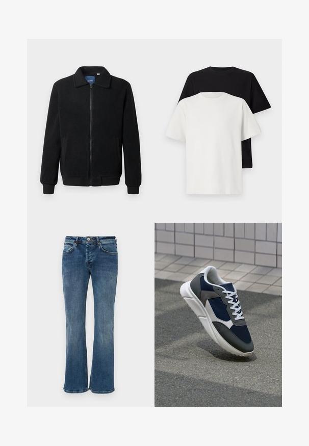 Melnā vilnas jaka ar rāvējslēdzēju, stāvošu apkakli, ribotām piedurknēm un sānu kabatām ar teksturētu virsmu.; Kokvilnas T-kreklu komplekts, kas sastāv no melna un baltā T-krekla, abi ar īsām piedurknēm, apaļu kakla izgriezumu un standarta piegriezumu. Faktūras audums.; Denims ar platu apakšu vidēji zilā krāsā. Iezīmē klasisku piecu kabatu dizainu, vieglu izbalēšanu un rāvējslēdzēju ar pogas aizdari.; Sporta apavi ar tumši zilas krāsas tīkla augšdaļu, pelēku zamšādas akcentiem, baltu gumijas zoli un plakaniem baltiem šņorēm, kas izstrādāti komfortam un elpojamībai.