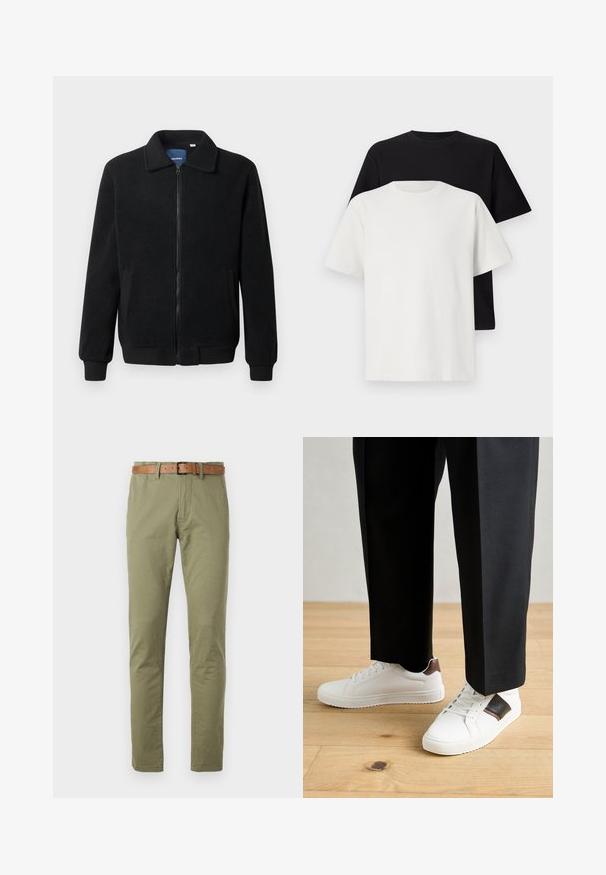 Fekete bolyhos dzseki cipzárral, állógallérral, bordázott mandzsettákkal és oldalzsebekkel, textúrált felülettel.; Pamut póló szett, amely egy fekete és egy fehér pólót tartalmaz, mindkettő rövid ujjú, környakú és normál fazonú. Texturált anyag.; Olíva zöld pamut nadrág egyenes fazonnal, barna bőövvel és sima textúrával. Egyszerű elülső zsebek.; Fehér sneaker, sima textúrával, barna bőr díszítéssel és fekete részletekkel, fekete szabott nadrággal párosítva. Fából készült padló háttér.