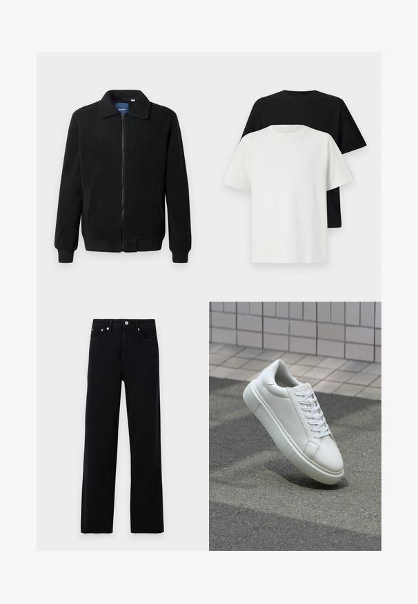 Black fleece jacket featuring a zip closure, stand collar, ribbed cuffs, and side pockets with a textured surface.; Cotton t-shirt set featuring a black top and a white top, both with short sleeves, round neckline, and standard fit. Textured fabric.; Only & Sons ONSFADE LOOSE BOX - Loose Jeans - washed black; White leather sneaker with a smooth surface, round toe, and flat white laces. Features a textured rubber sole and minimal design elements.