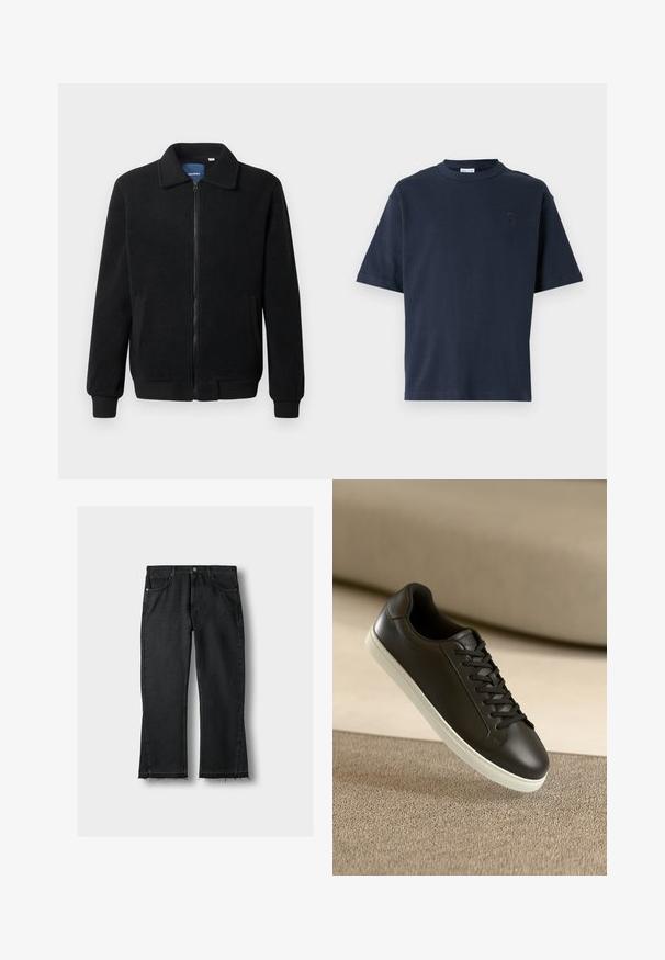 Juodas fliso džemperis su užtrauktuku, stovinčia apykakle, gumuotais rankogaliais ir šoninėmis kišenėmis, turinčiomis tekstūruotą paviršių.; Tamsiai mėlynas trumpomis rankovėmis marškinėliai, pagaminti iš medvilnės. Yra apvalus iškirpimas ir subtilus logotipas krūtinėje. Tiesioginis kirpimas be raštų.; Juodas denimas džinsai su tiesia kelnėmis, turintys nubraižytas kraštus, penkis kišenių ir metalinius detalių akcentus. Klasikinis dizainas ir tvirta tekstūra.; Juodų odinių sportbačių su baltu guminiu padu ir juodomis raištelėmis nuotrauka, padėta ant šviesiai rudos tekstilės paviršiaus ir fono.