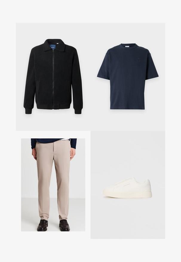 Schwarze Fleecejacke mit Reißverschluss, Stehkragen, gerippten Bündchen und seitlichen Taschen mit strukturiertem Oberflächenmaterial.; Navyblaue Kurzarm-T-Shirt aus Baumwolle. Mit einem runden Hals und einem dezenten Logo auf der Brust. Gerader Schnitt ohne Muster.; Beige Hosen mit glatter Textur, geradem Bein-Design und flachen Fronttaschen. Kombiniert mit dunklen Slippern, ohne sichtbare Muster.; Weiße Slip-On-Sneaker mit einer strukturierten Oberfläche, dicker Sohle und minimalistischem Design. Mit Logo der Marke an der Seite.