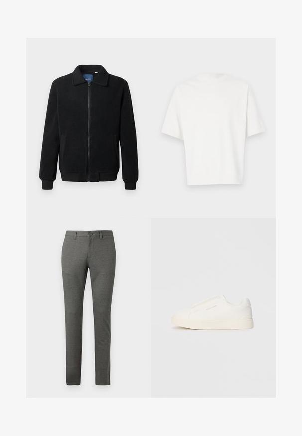 Zwarte fleece jas met een ritssluiting, staande kraag, ribgebreide manchetten en zijzakken met een textuur.; Witte t-shirt met korte mouwen, gemaakt van zachte stof. Ronde halslijn, relaxte pasvorm en een eenvoudig ontwerp zonder versieringen of patronen.; Grijze op maat gemaakte broek met een gestructureerde afwerking, slim fit ontwerp, voorzakken en een enkele knoopsluiting in de taille.; Witte instap sneakers met een gestructureerd oppervlak, een dikke zool en een minimalistisch ontwerp. Bevat het merklogo aan de zijkant.