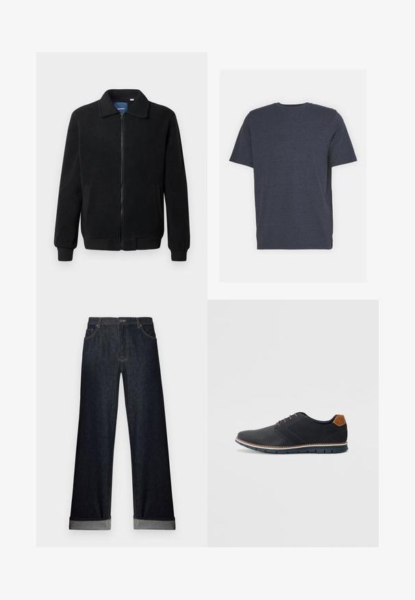 Svart fleece jakke med glidelås, høy krage, ribbestrikkede mansjetter og sidelommer med strukturert overflate.; Marineblå T-skjorte med rund hals laget av myk bomullsblanding, med korte ermer og vanlig passform. Ingen synlige mønstre eller accenter.; Vide benedark denim jeans med oppbrettete kanter, knappelukking og frontlommer. Stoffet har en jevn tekstur med subtile sømdetaljer.; Sorte syntetiske sko med en teksturert overdel, glatte detaljer, brun hæl og en kontrastfarge på sålen. Har minimalt snøring og sømdetaljer.