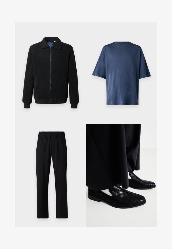 Černá fleecová bunda s zipovým uzávěrem, stojáčkem, vroubkovanými manžetami a bočními kapsami s texturovaným povrchem.; Tmavě modré tričko s krátkým rukávem, vyrobené z měkké tkaniny, má klasický kulatý výstřih a volný střih, bez viditelných vzorů nebo akcentů.; Černé kalhoty s elastickým pasem a rovnými nohavicemi, s hladkým povrchem a bez viditelných vzorů nebo kovových doplňků.; Černé perforované slip-on boty s plochou podrážkou a hladkým povrchem. Minimalistický design se stranovými výřezem. V kombinaci s černými kalhotami.