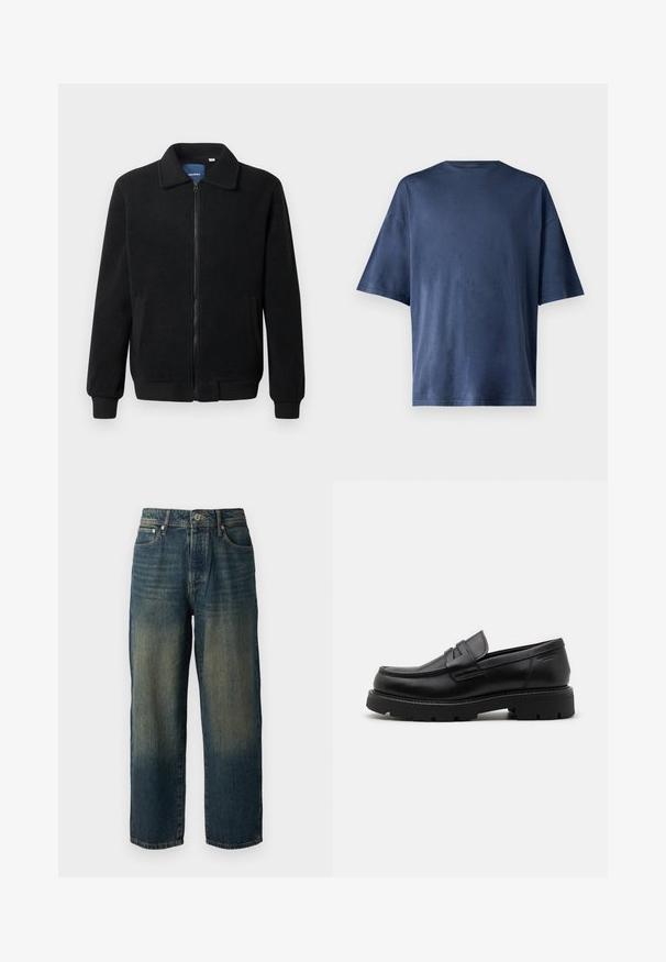 Casaco de polar preto com fecho de correr, gola alta, punhos canelados e bolsos laterais com uma superfície texturizada.; T-shirt azul marinho de manga curta, feito de tecido suave, apresenta um colarinho redondo clássico e um corte descontraído, sem padrões ou realces visíveis.; Calças de ganga azul com corte reto, apresentando um design desbotado com tons mais claros em direção à bainha, cinco bolsos e fecho com botão.; Mocassins de pele preta com bico redondo, detalhes texturizados na parte da frente e sola de borracha espessa com sulcos para melhor aderência.