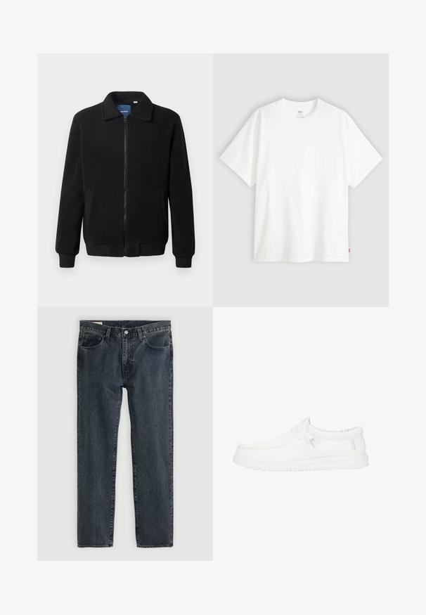 Czarna polarowa kurtka z zamkiem błyskawicznym, stójką, ściągaczami przy mankietach oraz bocznymi kieszeniami o teksturowanej powierzchni.; Biała koszulka z krótkim rękawem wykonana z bawełny, z okrągłym dekoltem. Posiada subtelny wytłoczony logo z przodu oraz czerwoną metkę na dolnym brzegu.; Ciemnoniebieskie dżinsy o prostym kroju nogawki, pięcioma kieszeniami i zapięciem na guzik. Materiał ma subtelne przetarcia i fakturę.; Białe buty wsuwane z teksturowanej siatki, z elastyczną podeszwą, minimalnym sznurowaniem i miękkim kołnierzem dla komfortu.