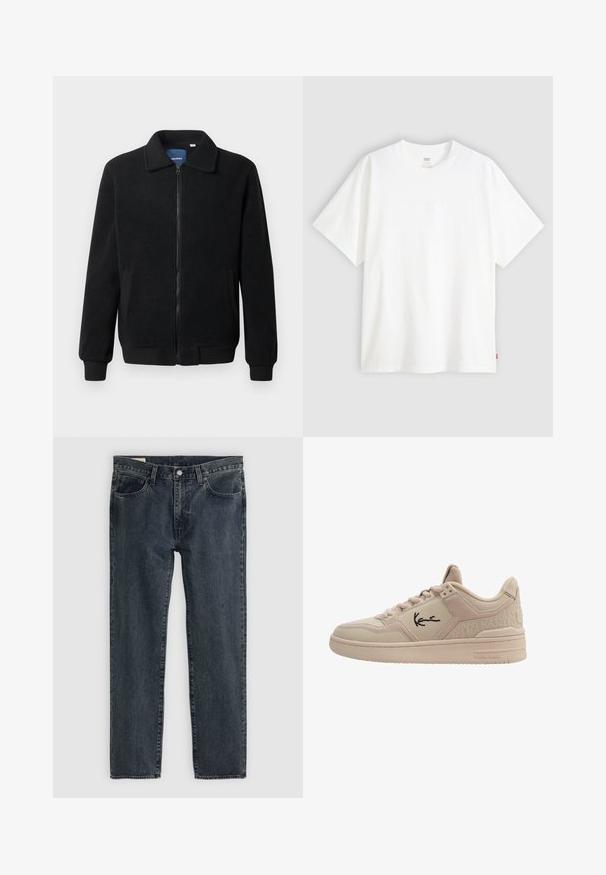 Black fleece jacket featuring a zip closure, stand collar, ribbed cuffs, and side pockets with a textured surface.; White short-sleeve t-shirt made of cotton with a crew neck. Features subtle embossed logo detail on the front and a red label at the hem.; Dark blue denim jeans with a straight leg design, five pockets, and a button-fly closure. The fabric shows a subtle fade and texture.; Karl Kani LXRY PRM - Trainers - beige black