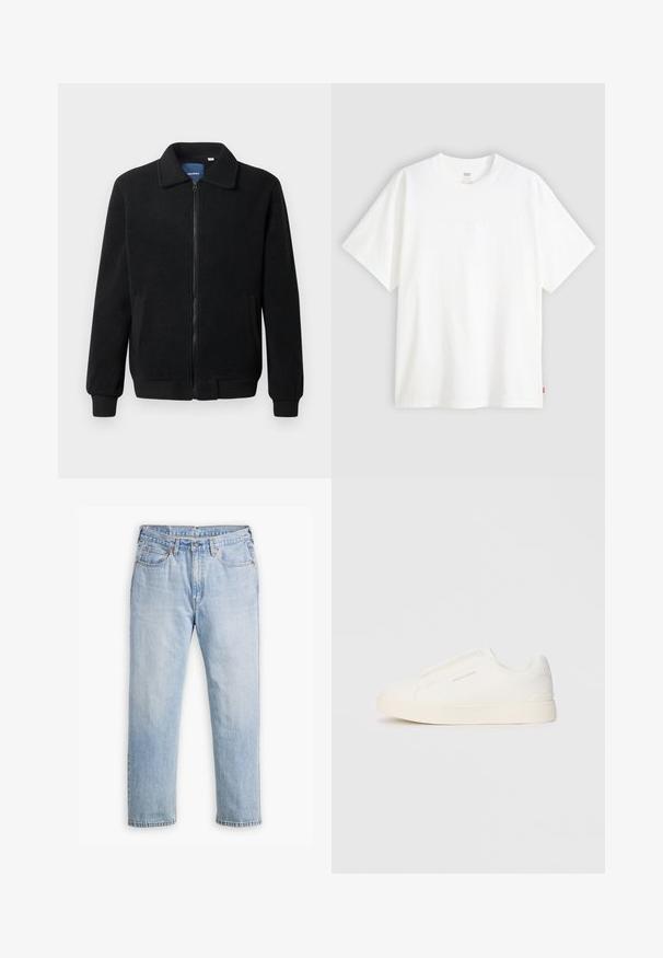 Musternahk fleece-jakk musternahaga, tõmblukk, seisev kaelus, soonikkoes varrukad ja küljetaskud tekstuurse pinnaga.; Valge lühikeste varrukatega puuvillane T-särk, millel on ümmargune kaelus. Ees on peene reljeefse logoga detail ja hemmi peal punane silt.; Heledad hall sinised teksad sirge sääre disainiga, viie taskuga stiil ja kontrastne õmblus. Kõhukohal nööp ja lukk.; Valged libisemiskindlad tossud tekstuuriga pinnaga, paksu tallaga ja minimalistikus disainis. Küljel on brändi logo.