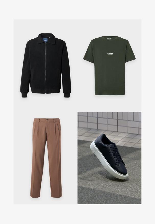 Giacca in pile nera con chiusura zip, colletto alto, polsini a coste e tasche laterali con superficie strutturata.; Maglietta di cotone verde scuro a maniche corte con collo rotondo, presenta il logo bianco "JJ Studios" sul petto. Tessuto liscio, design casual.; Pantaloni marroni a pieghe con design a gamba dritta, dotati di chiusura con un solo bottone e tessuto liscio e testurizzato.; Sneaker in pelle nera con punta arrotondata e suola in gomma bianca. Presenta lacci piatti e cuciture minime sulla parte superiore. Suola testurizzata per una migliore aderenza.