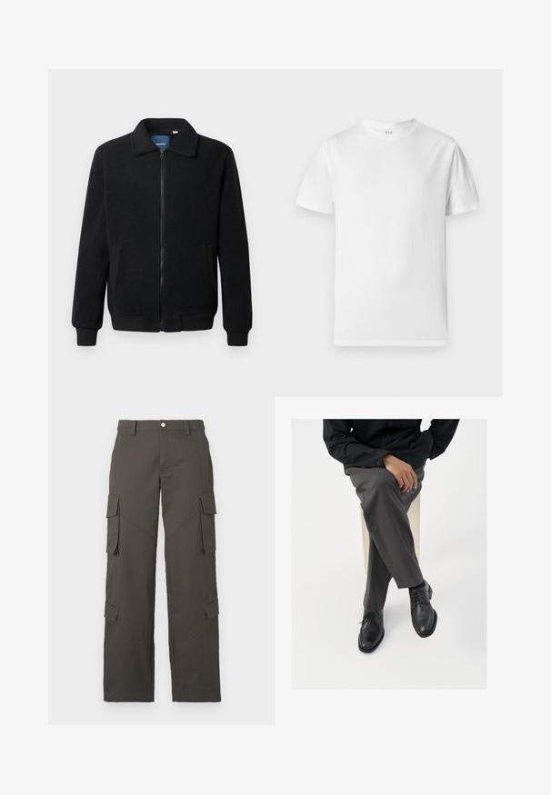 Casaco de polar preto com fecho de correr, gola alta, punhos canelados e bolsos laterais com uma superfície texturizada.; T-shirt branco de mangas curtas feito de algodão macio. Apresenta um decote redondo e uma bainha reta com detalhes mínimos.; Calças cargo de perna reta em cinza-escuro com fecho de botão e quatro bolsos com aba, dois nas coxas e dois perto das panturrilhas.; Sapatos de pele preta com atacadores, com um acabamento polido, combinados com calças cinzentas sob medida, apresentados numa posição sentada contra um fundo branco.