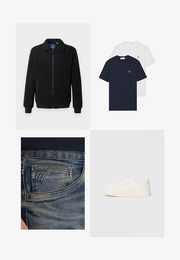 Giacca in pile nera con chiusura zip, colletto alto, polsini a coste e tasche laterali con superficie strutturata.; Due magliette: una blu navy con un logo circolare, l'altra bianca con un piccolo design di ancora. Realizzate in cotone, maniche corte.; Jeans di denim blu con una trama sbiadita, dotati di una tasca portamonete e un accento di logo nero sulla parte anteriore. La vita è in tessuto a coste blu scuro.; Sneakers bianchi slip-on con superficie texturizzata, suola spessa e design minimalista. Presentano il logo del marchio sul lato.