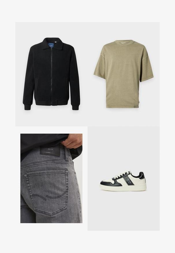 Casaco de polar preto com fecho de correr, gola alta, punhos canelados e bolsos laterais com uma superfície texturizada.; T-shirt de mangas curtas em verde-azeitona, feito de tecido suave, com decote redondo e um corte descontraído com costuras visíveis.; Jeans de denim cinza com um bolso traseiro com costura curva e um patch de couro preto exibindo informações da marca e detalhes da confeção.; Ténis de couro com um esquema de cores em preto e creme, apresentando detalhes perfurados, um colarinho acolchoado e uma sola texturizada.