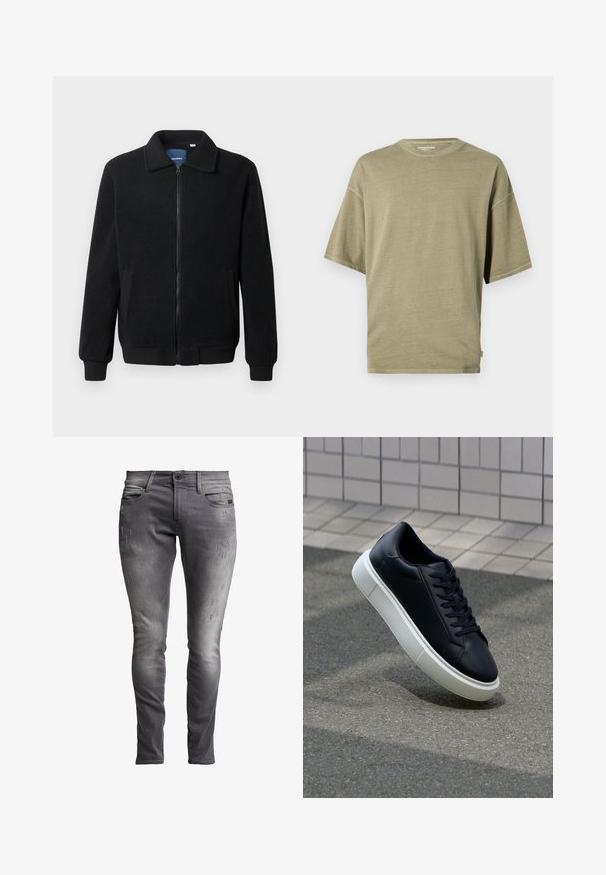 Svart fleece jakke med glidelås, høy krage, ribbestrikkede mansjetter og sidelommer med strukturert overflate.; Olivengrønn kortermet t-skjorte laget av myk stoff, med rund halslinning og en avslappet passform med sømmer.; Grå denim skinny jeans med en falmet finish, som har subtil slitasje, et klassisk fem-lomme design og metallknapp-lukking.; Sorte skinnsneakers med rund tå og hvit gummisåle. Har flate lisser og minimal søm på overdelen. Strukturert såle for grep.