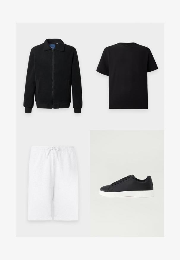 Giacca in pile nera con chiusura zip, colletto alto, polsini a coste e tasche laterali con superficie strutturata.; T-shirt corto nero a maniche corte realizzato in tessuto testurizzato, con scollatura rotonda e vestibilità comoda. Semplice, senza motivi o dettagli.; Pantaloni corti bianchi in cotone con vita elastica e coulisse regolabile. Presentano una linea dritta e una texture liscia. Senza motivi né dettagli.; Pier One UNISEX - Sneakers basse - black
