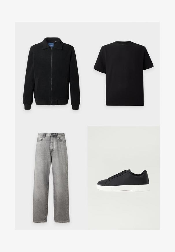 Svart fleecjacka med dragkedja, ståkrage, ribbade muddar och sidofickor med texturerad yta.; Svart kortärmad T-shirt gjord av texturerad tyg, med rund halsringning och avslappnad passform. Enkel, utan mönster eller detaljer.; Grå vida jeans gjorda av denim. Har hög midja, fem fickor och stängning med knapp och dragkedja. Subtil blekning över tyget.; Pier One UNISEX - Sneakers - black