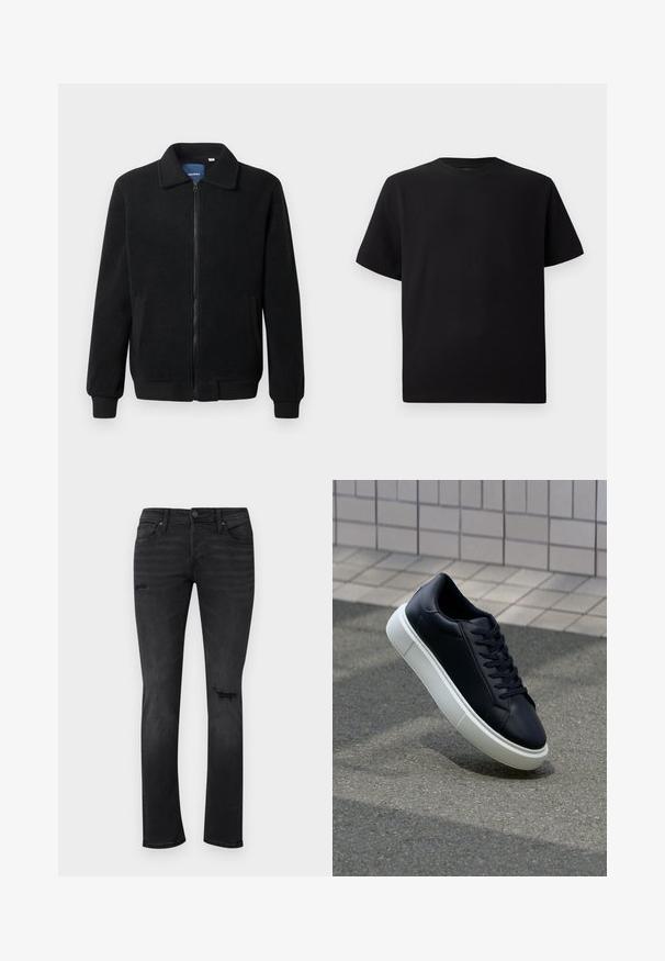 Casaco de polar preto com fecho de correr, gola alta, punhos canelados e bolsos laterais com uma superfície texturizada.; T-shirt preta de mangas curtas feita de tecido texturizado, com decote redondo e um corte descontraído. Simples, sem padrões ou detalhes.; Jeans de ganga preta com um corte slim, apresentando áreas desgastadas visíveis nos joelhos, cinco bolsos e um fecho padrão com botão e zipper.; Sapatilha de couro preto com bico arredondado e sola de borracha branca. Apresenta atacadores planos e costuras mínimas na parte superior. Sola texturizada para melhor aderência.