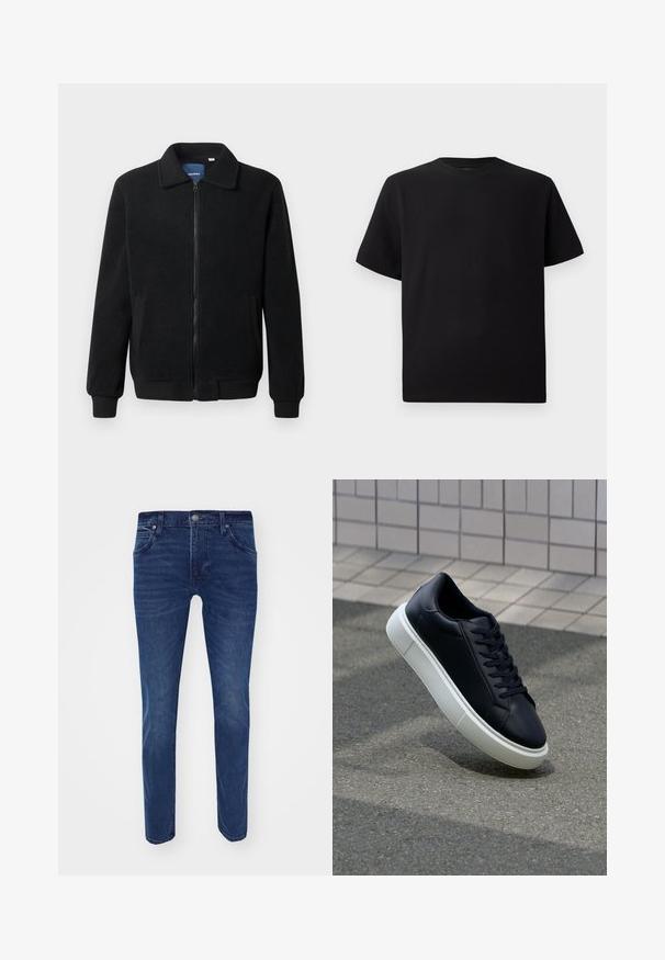 Casaco de polar preto com fecho de correr, gola alta, punhos canelados e bolsos laterais com uma superfície texturizada.; T-shirt preta de mangas curtas feita de tecido texturizado, com decote redondo e um corte descontraído. Simples, sem padrões ou detalhes.; Lee LUKE - Calças de ganga justas - holland blue; Sapatilha de couro preto com bico arredondado e sola de borracha branca. Apresenta atacadores planos e costuras mínimas na parte superior. Sola texturizada para melhor aderência.