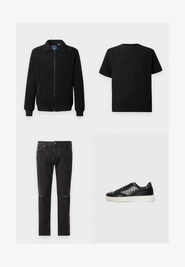 Jachetă din fleece neagră, cu închidere prin fermoar, guler înalt, manșete ribbate și buzunare laterale cu o suprafață texturată.; Tricou negru cu mânecă scurtă, realizat dintr-un material texturat, cu decolteu rotund și o croială relaxată. Simplu, fără modele sau accente.; Blugi din denim negru cu croială slim, având două deschideri distorsionate la genunchi și un design standard cu cinci buzunare. Textură moale, hardware minim.; Tenisi negri cu un exterior din piele texturată imitată crocodil, vârf rotund și o talpă din cauciuc alb contrastant, cu un finisaj neted.