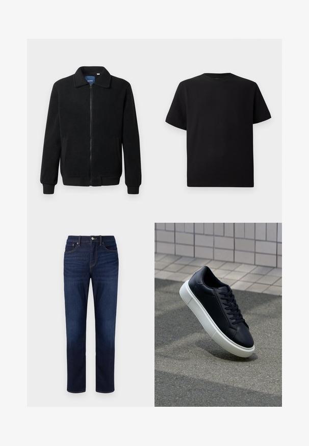 Črna flis jakna z zadrgo, stoječim ovratnikom, rebrastimi zapestji in stranskimi žepi s teksturirano površino.; Črna kratka majica s kratkimi rokavi, izdelana iz teksturirane tkanine, z okroglim izrezom in sproščenim krojem. Preprosta, brez vzorcev ali dodatkov.; Temno modri kavbojki z ravnim krojem. Imajo klasičen dizajn s petimi žepi, sprednje zapiranje na gumb in subtilno zbledela mesta.; Črne usnjene superge z zaobljenim prstom in belim gumijastim podplat. Imajo ravne vezalke in minimalno šivanje na zgornjem delu. Teksturirani podplat za oprijem.