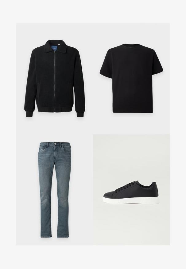 Casaco de polar preto com fecho de correr, gola alta, punhos canelados e bolsos laterais com uma superfície texturizada.; T-shirt preta de mangas curtas feita de tecido texturizado, com decote redondo e um corte descontraído. Simples, sem padrões ou detalhes.; Jeans de homem em denim azul com um corte slim, apresentando cinco bolsos, um fecho de botão e uma textura ligeiramente desbotada.; Pier One UNISEX - Sapatilhas - black