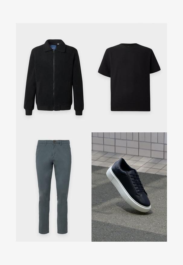 Svart fleecjacka med dragkedja, ståkrage, ribbade muddar och sidofickor med texturerad yta.; Svart kortärmad T-shirt gjord av texturerad tyg, med rund halsringning och avslappnad passform. Enkel, utan mönster eller detaljer.; Grå bomullsblandning byxor med smal passform, knappstängning och två framfickor. Slät textur och rak bendesign.; Svart lädersneaker med rundad tå och vit gummisula. Har platta snören och minimal sömnad på ovansidan. Texturerad sula för grepp.