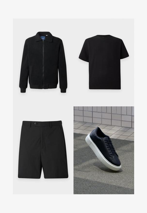 Černá fleecová bunda s zipovým uzávěrem, stojáčkem, vroubkovanými manžetami a bočními kapsami s texturovaným povrchem.; Černé tričko s krátkým rukávem vyrobené z texturované látky, s kulatým výstřihem a volným střihem. Jednoduché, bez vzorů nebo akcentů.; Černé kraťasy vyrobené z lehké tkaniny, s knoflíkovým zapínáním, dvěma bočními kapsami a rovnými nohavicemi. Hladký povrch a jednoduchý design.; Černé kožené tenisky s kulatou špičkou a bílou gumovou podrážkou. mají ploché tkaničky a minimální šití na svršku. Texturovaná podrážka pro lepší přilnavost.