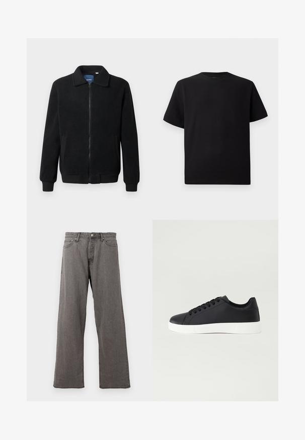 Jachetă din fleece neagră, cu închidere prin fermoar, guler înalt, manșete ribbate și buzunare laterale cu o suprafață texturată.; Tricou negru cu mânecă scurtă, realizat dintr-un material texturat, cu decolteu rotund și o croială relaxată. Simplu, fără modele sau accente.; Jeans din denim gri, cu croi drept, cu nasture frontal, fermoar și design cu cinci buzunare, pe un fundal alb.; Pier One UNISEX - Sneakers low - black