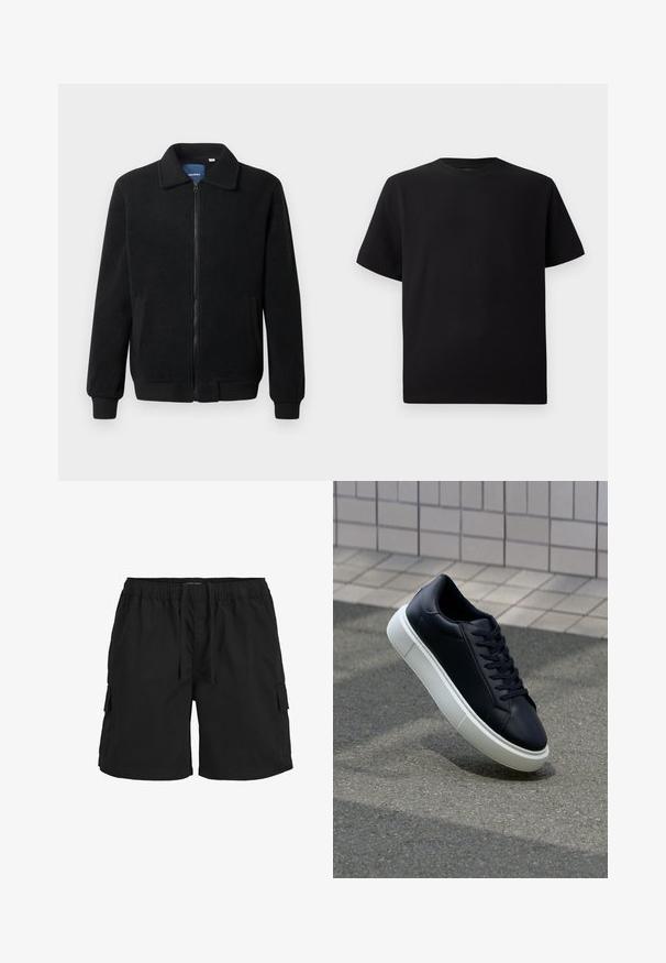 Veste en polaire noire avec fermeture éclair, col montant, poignets côtelés et poches latérales avec une surface texturée.; T-shirt noir à manches courtes en tissu texturé, avec un col rond et une coupe décontractée. Simple, sans motifs ni accents.; Shorts cargo noirs avec une taille élastique, un cordon de serrage, des poches latérales et un tissu texturé. Conçus pour le confort et l'utilité.; Baskets noires en cuir avec bout arrondi et semelle en caoutchouc blanc. Elles présentent des lacets plats et une couture minimale sur la tige. Semelle texturée pour une bonne adhérence.