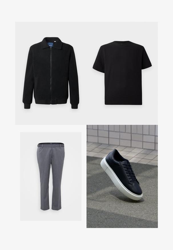 Zwarte fleece jas met een ritssluiting, staande kraag, ribgebreide manchetten en zijzakken met een textuur.; Zwarte T-shirt met korte mouwen van gemerceriseerd stof, met een ronde halslijn en een relaxte pasvorm. Eenvoudig, zonder patronen of accenten.; Grijze op maat gemaakte broek met een rechte pijp, gemaakt van een gestructureerde stof. Voorzien van riemlussen en een ritsluiting.; Zwarte leren sneaker met een ronde neus en een witte rubberen zool. Voorzien van platte veters en minimale stiksels op het bovenwerk. Textuurrijke zool voor grip.