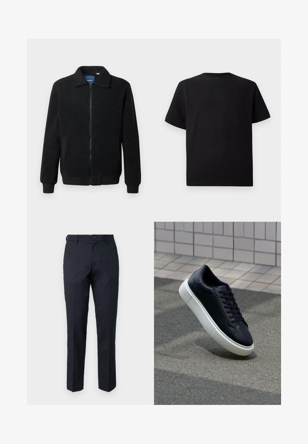Fekete bolyhos dzseki cipzárral, állógallérral, bordázott mandzsettákkal és oldalzsebekkel, textúrált felülettel.; Fekete, rövid ujjú póló texturált anyagból, kerek nyakkivágással és laza fazonnal. Egyszerű, minta és díszítés nélkül.; Sötétkék, pamutból készült nadrág, egyenes szárú dizájnnal, elülső zsebekkel és gombos záródással. Sima tapintású, látható minták nélkül.; Fekete bőr sportcipő lekerekített orral és fehér gumitalppal. Lapos fűzőkkel és minimális varrásokkal rendelkezik a felsőrészén. Mintás talp a tapadásért.