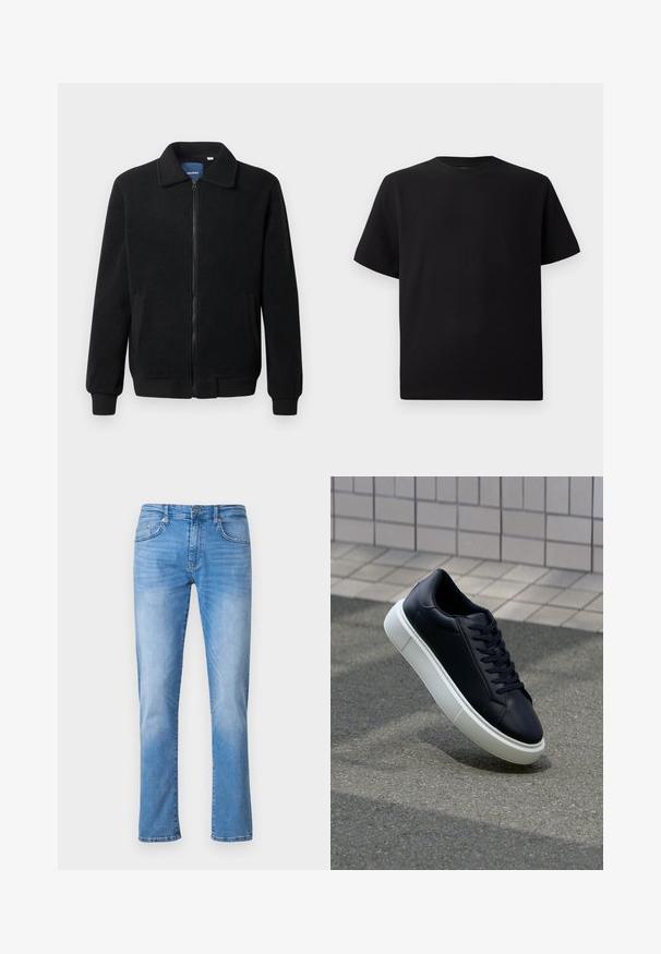 Black fleece jacket featuring a zip closure, stand collar, ribbed cuffs, and side pockets with a textured surface.; Black short-sleeve T-shirt made of textured fabric, featuring a round neckline and a relaxed fit. Simple, no patterns or accents.; Light blue denim jeans with a straight leg design, featuring five pockets, a button and zipper closure, and subtle fading patterns.; Black leather sneaker with rounded toe and white rubber sole. Features flat laces and minimal stitching on the upper. Textured sole for grip.