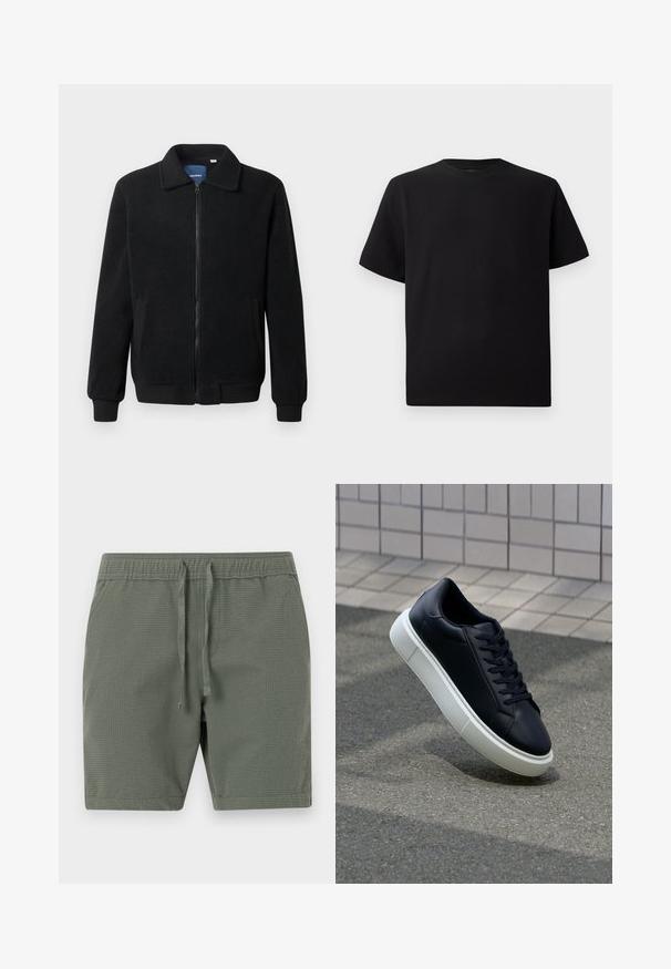 Black fleece jacket featuring a zip closure, stand collar, ribbed cuffs, and side pockets with a textured surface.; Black short-sleeve T-shirt made of textured fabric, featuring a round neckline and a relaxed fit. Simple, no patterns or accents.; Olive green shorts made of textured fabric, featuring an elastic waistband with adjustable drawstrings and a relaxed fit.; Black leather sneaker with rounded toe and white rubber sole. Features flat laces and minimal stitching on the upper. Textured sole for grip.