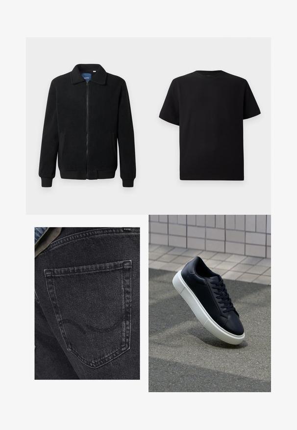 Čierna flísová bunda s uzáverom na zips, stojatým golierom, rebrovanými manžetami a bočnými vreckami s textúrovaným povrchom.; Čierne tričko s krátkym rukávom vyrobené z textúrovanej látky, s okrúhlym výstrihom a voľným strihom. Jednoduché, bez vzorov alebo akcentov.; Čierne džínsy z denimovej tkaniny s zadnou vreckom a jemnými prešívacími detailmi. Textúra je mierne obnošená s jemným, vyblednutým povrchom.; Čierne kožené tenisky s okrúhlou špičkou a bielou gumovou podrážkou. Majú ploché šnúrky a minimálne šitie na vrchu. Textúrovaná podrážka pre lepšiu priľnavosť.