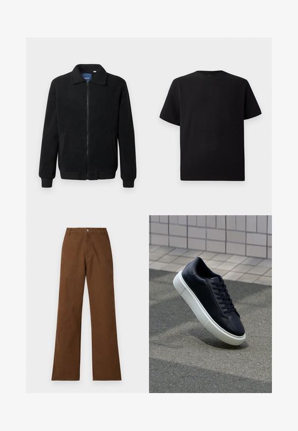 Svart fleece jakke med glidelås, høy krage, ribbestrikkede mansjetter og sidelommer med strukturert overflate.; Svart T-skjorte med korte ermer laget av teksturert stoff, med rund halslinning og en avslappet passform. Enkel, uten mønstre eller detaljer.; Brune bomullbukser med rette ben, knappelukking og to frontlommer. Glatt tekstur uten synlige mønstre eller dekorasjoner.; Sorte skinnsneakers med rund tå og hvit gummisåle. Har flate lisser og minimal søm på overdelen. Strukturert såle for grep.