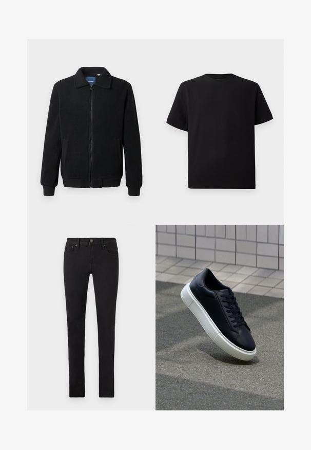 Casaco de polar preto com fecho de correr, gola alta, punhos canelados e bolsos laterais com uma superfície texturizada.; T-shirt preta de mangas curtas feita de tecido texturizado, com decote redondo e um corte descontraído. Simples, sem padrões ou detalhes.; Jeans pretos slim-fit com cinco bolsos, fecho de botão e passadores de cinto, exibidos de forma plana sobre um fundo branco.; Sapatilha de couro preto com bico arredondado e sola de borracha branca. Apresenta atacadores planos e costuras mínimas na parte superior. Sola texturizada para melhor aderência.