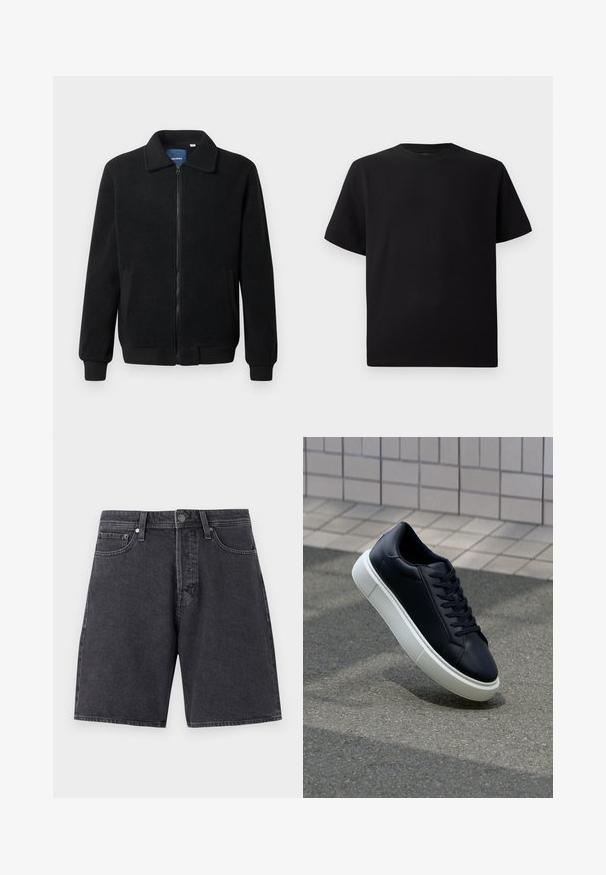 Črna flis jakna z zadrgo, stoječim ovratnikom, rebrastimi zapestji in stranskimi žepi s teksturirano površino.; Črna kratka majica s kratkimi rokavi, izdelana iz teksturirane tkanine, z okroglim izrezom in sproščenim krojem. Preprosta, brez vzorcev ali dodatkov.; Denim kratke hlače v temno sivi barvi s ravnim krojem. Vključujejo dva sprednja žepa, en zadnji žep in kovinsko gumbno zapiranje.; Črne usnjene superge z zaobljenim prstom in belim gumijastim podplat. Imajo ravne vezalke in minimalno šivanje na zgornjem delu. Teksturirani podplat za oprijem.