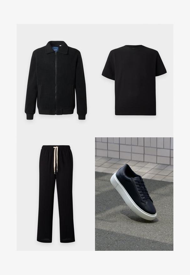 Schwarze Fleecejacke mit Reißverschluss, Stehkragen, gerippten Bündchen und seitlichen Taschen mit strukturiertem Oberflächenmaterial.; Schwarzes Kurzarm-T-Shirt aus strukturiertem Stoff, mit einem Rundhalsausschnitt und einer lockeren Passform. Einfach, ohne Muster oder Akzente.; Schwarze Pull-on-Hosen mit einem elastischen Taillengummi, ausgestattet mit einer kontrastierenden cremefarbenen Zugkordel. Gerader Schnitt mit einer glatten Textur.; Schwarze Leder-Sneaker mit runder Zehenpartie und weißer Gummisohle. Verfügt über flache Schnürsenkel und minimale Nähte im Obermaterial. Strukturiertes Sohlenprofil für besseren Halt.