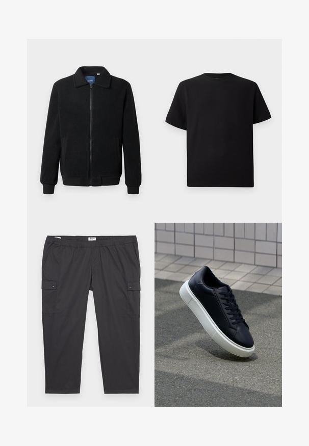 Melnā vilnas jaka ar rāvējslēdzēju, stāvošu apkakli, ribotām piedurknēm un sānu kabatām ar teksturētu virsmu.; Melnās īsām piedurknēm T-krekls no teksturēta auduma, ar apaļu kakla izgriezumu un brīvu piegriezumu. Vienkāršs, bez rakstiem vai akcentiem.; Melni cargo bikses ar elastīgu jostasvietu, sānu kabatām un spiedpogām. Izgatavotas no viegla, gluda auduma.; Melnas ādas kedas ar noapaļotu pirkstu un baltu gumijas zoli. Iespējas - plakanas šņorītes un minimāla apdare augšdaļā. Struktūrēta zole, lai nodrošinātu saķeri.