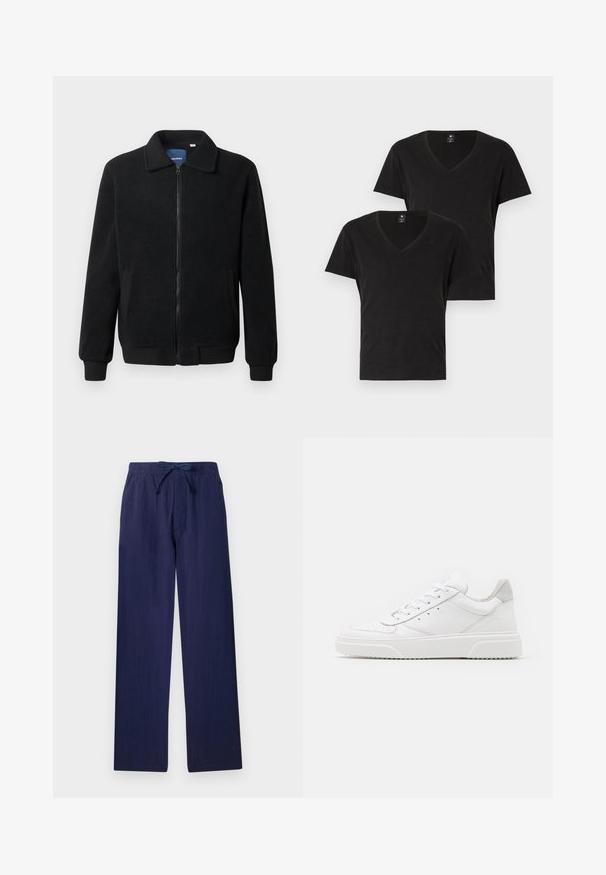 Chaqueta de forro polar negra con cierre de cremallera, cuello alzado, puños acanalados y bolsillos laterales con una superficie texturizada.; Dos camisetas de cuello en V negras hechas de algodón suave. Tienen mangas cortas y un ajuste estándar. Diseño minimalista con un logo sutil en el pecho.; Pantalones de pierna ancha de color azul marino, fabricados en un material ligero. Cuentan con una cintura elástica con cordón y bolsillos laterales. Textura suave.; Zapatillas de cuero blanca con un acabado suave, punta redondeada, cordones planos y una suela texturada. Acento de ante gris en el talón.