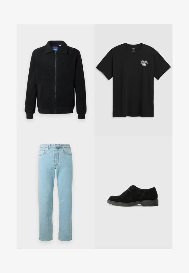 Juodas fliso džemperis su užtrauktuku, stovinčia apykakle, gumuotais rankogaliais ir šoninėmis kišenėmis, turinčiomis tekstūruotą paviršių.; Juodas medvilninis marškinėliai su krūtinės spauda, kuri skaito "NAMŲ AUGALAI" balta stilizuota šriftu su "Levi's" žemiau. Klasikinis apvalus iškirpimas.; Šviesiai mėlyni džinsai su tiesiu kirpimu, turintys penkis kišenes, užtrauktuką ir subtilų blukimą visame audinyje.; Juodas zomšinis suknelės batelis su apvaliu nosiu, kontrastingomis siūlėmis ir guminiais padais. Jame minimalus raištelis ir lygus viršus.