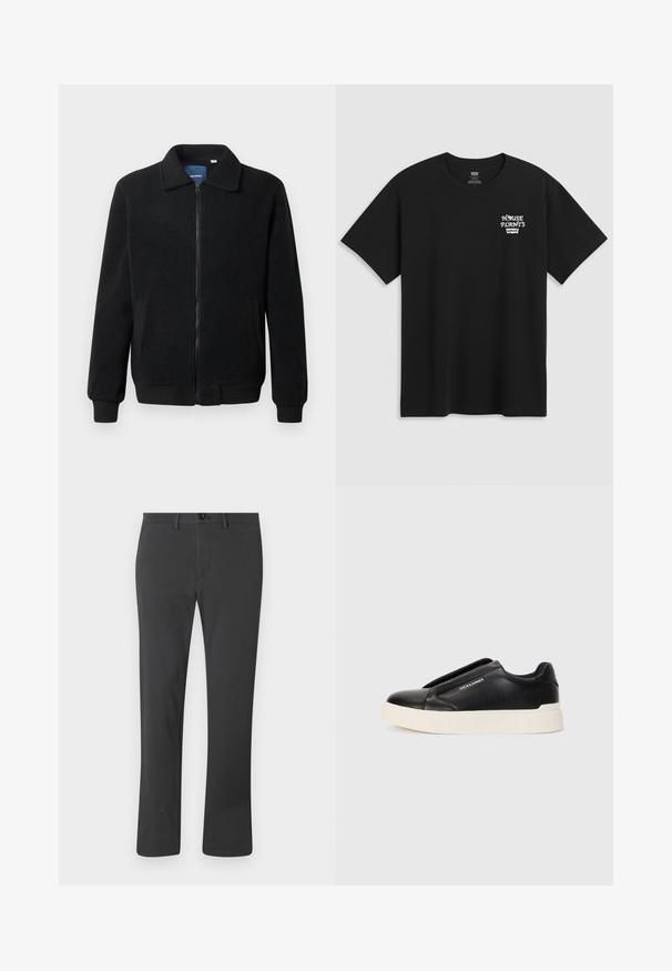 Veste en polaire noire avec fermeture éclair, col montant, poignets côtelés et poches latérales avec une surface texturée.; T-shirt noir en coton avec un imprimé sur la poitrine portant la mention "PLANTES D'INTÉRIEUR" en police stylisée blanche, avec "Levi's" en dessous. Encolure classique. ; Pantalon noir en tissu lisse, avec une coupe droite, fermeture éclair, bouton et passants de ceinture. Style basique et fonctionnel.; Baskets noires à enfiler avec un dessus en cuir texturé, semelle en caoutchouc blanche et sans lacets visibles. Présente le logo de la marque sur le côté.