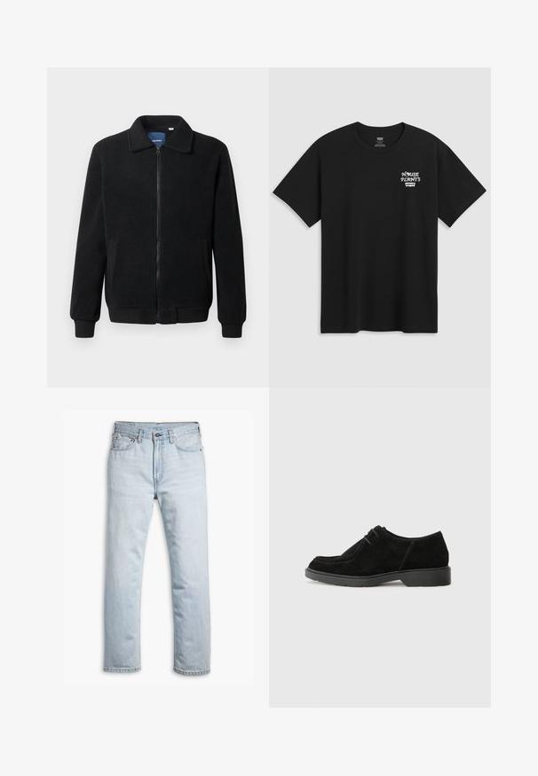Jachetă din fleece neagră, cu închidere prin fermoar, guler înalt, manșete ribbate și buzunare laterale cu o suprafață texturată.; Tricou negru din bumbac, cu un imprimeu pe piept care spune "PLANTE DE CASĂ" cu un font alb stilizat, având "Levi's" dedesubt. Decolteu clasic tip crew.; Jeans din denim bleu deschis cu o croială dreaptă, având cinci buzunare, accesorii din alamă și un sistem clasic de închidere cu buton și fermoar.; Pantofii negri din suede, cu vârful rotunjit, cusături contrastante și talpă din cauciuc. Prezintă un sistem de șireturi minim și un design suprem neted.
