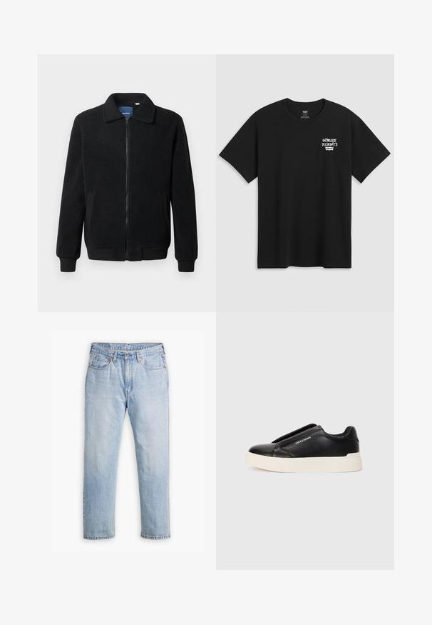 Črna flis jakna z zadrgo, stoječim ovratnikom, rebrastimi zapestji in stranskimi žepi s teksturirano površino.; Črna bombažna majica s tiskom na prsih, ki prebere "HOUSE PLANTS" v beli stilizirani pisavi, pod njim pa je zapisano "Levi's". Klasičen kroj z okroglim izrezom.; Svetlo modri traper hlače z ravnim krojem, pet žepov in kontrastnim šivom. Zaklepanje z gumbom in zadrgo v pasu.; Črne slip-on športne čevlje z teksturiranim usnjenim zgornjim delom, belim gumijastim podplatom in brez vidnih vezalk. Na strani je logotip blagovne znamke.