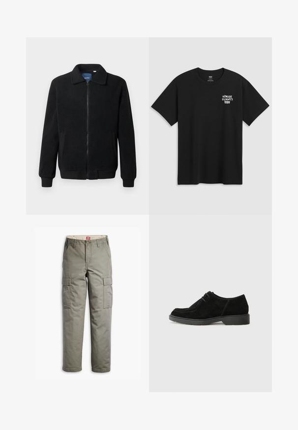 Czarna polarowa kurtka z zamkiem błyskawicznym, stójką, ściągaczami przy mankietach oraz bocznymi kieszeniami o teksturowanej powierzchni.; Czarna bawełniana koszulka z nadrukiem na klatce piersiowej, na którym widnieje napis "ROŚLINY DOMOWE" w białej stylizowanej czcionce z "Levi's" poniżej. Klasyczny okrągły dekolt.; Spodnie cargo w kolorze oliwkowym, wykonane z trwałej tkaniny bawełnianej, z bocznymi kieszeniami, prostą nogawką i zapięciem na guzik.; Czarne zamszowe półbuty z okrągłym noskiem, kontrastującym przeszyciem oraz gumową podeszwą. Charakteryzują się minimalnym wiązaniem i gładkim fasonem cholewki.