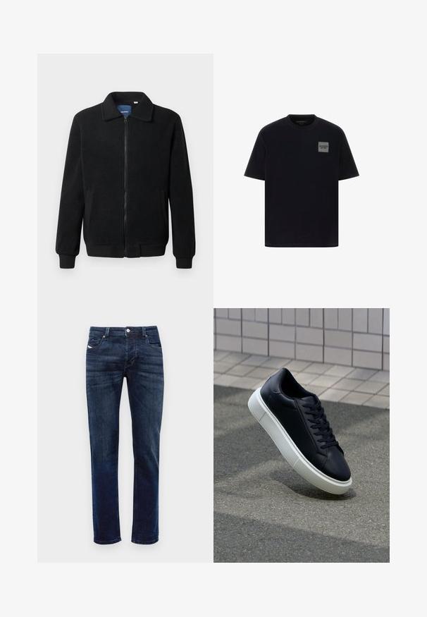 Musternahk fleece-jakk musternahaga, tõmblukk, seisev kaelus, soonikkoes varrukad ja küljetaskud tekstuurse pinnaga.; Must musta t-särk lühikeste varrukatega, millel on vasakul rinnaosast hall ruudukujuline logo küljes. Ümmargune kaelus, sile tekstuur.; Tumed sinise värvusega teksapüksid sirge säärega, millel on lukuga ees, viie tasku disain ja diskreetsed õmblused. Sile tekstuur.; Mustast nahast tennisetoss, millel on ümar nina ja valge kummist tall. Omab siredaid paelu ja minimaalset õmblemist ülemises osas. Tekstuuriga tald, mis tagab haakuvuse.