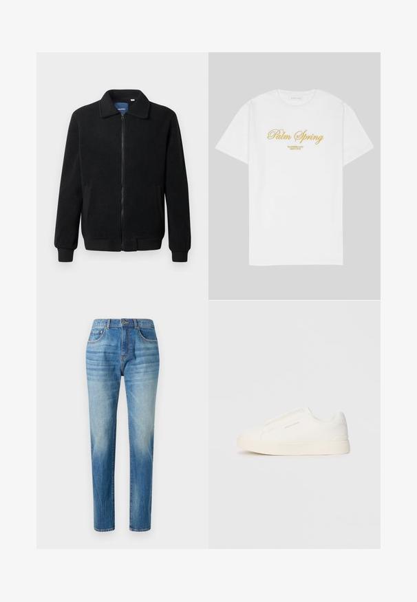 Črna flis jakna z zadrgo, stoječim ovratnikom, rebrastimi zapestji in stranskimi žepi s teksturirano površino.; Bela bomba majica iz bombaža z zlatim napisom "Palm Spring" in "California Love Eighty Five" spodaj, sproščen kroj, krožni ovratnik.; Svetlo modri traper hlače, ravne noge, z visokim pasom, subtilnim bledenjem in klasičnim pet-žepnim stilom. Kovina gumb za zapiranje.; Bele zapete brez vezalk z teksturirano površino, debelim podplatom in minimalističnim dizajnom. Na strani se nahaja logotip blagovne znamke.