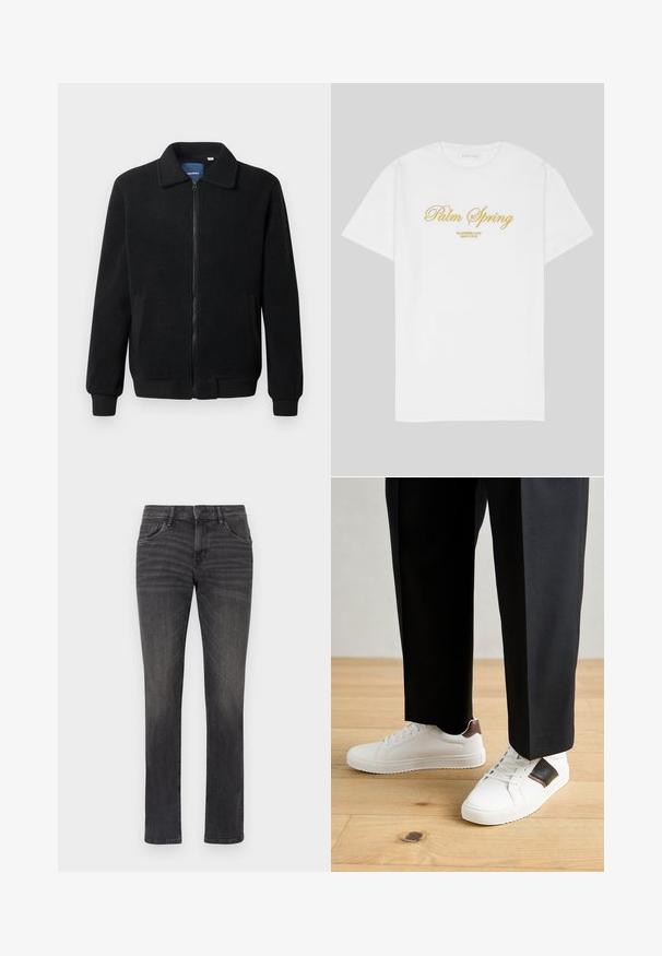 Musternahk fleece-jakk musternahaga, tõmblukk, seisev kaelus, soonikkoes varrukad ja küljetaskud tekstuurse pinnaga.; Valge puuvillane T-särk, millel on kuldne tekst, mis ütleb "Palm Spring" ja allpool "California Love Eighty Five", mugav ja lõdva lõikega, ümmarguse kaelusega disain.; Hallharjadest denim teksad, otse lõikega disain, viis taskut ja peened kulunud detailid ees. Omab nupuvajutust ja vöökumme.; Valged sneakersid siledat tekstuurist, millel on pruunad nahast detailid ja mustad aksessuaarid, millele on sobitatud mustad kohandatud püksid. Puitpõranda taust.