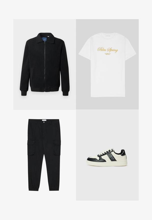 Black fleece jacket featuring a zip closure, stand collar, ribbed cuffs, and side pockets with a textured surface.; White cotton t-shirt featuring gold text that reads "Palm Spring" with "California Love Eighty Five" below, relaxed fit, crew neck design.; Black cargo pants with straight legs, elastic cuffs, and multiple side pockets. Made of textured fabric with a button closure.; Leather sneakers with a black and cream color scheme, featuring perforated accents, a padded collar, and a textured outsole.